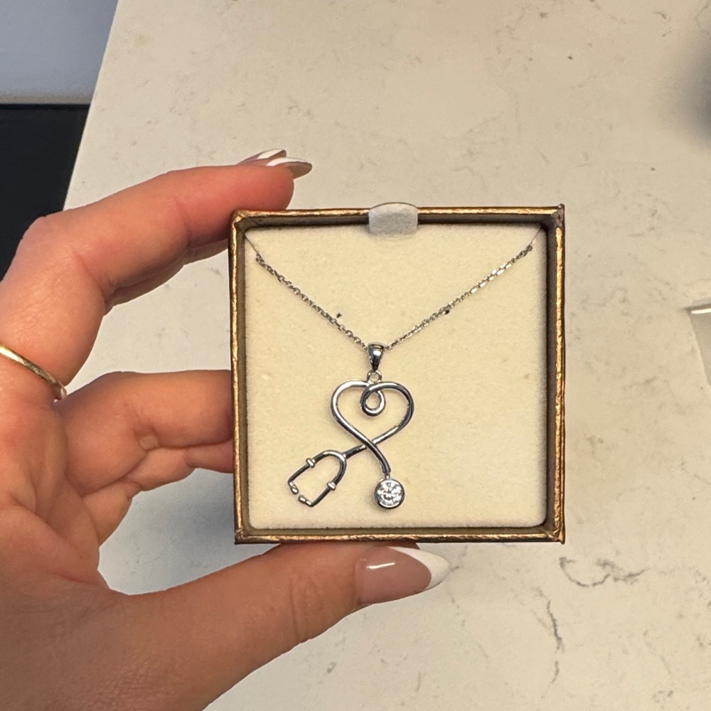 Sterling Silver Stethoscope Heart Pendant Necklace - Silver